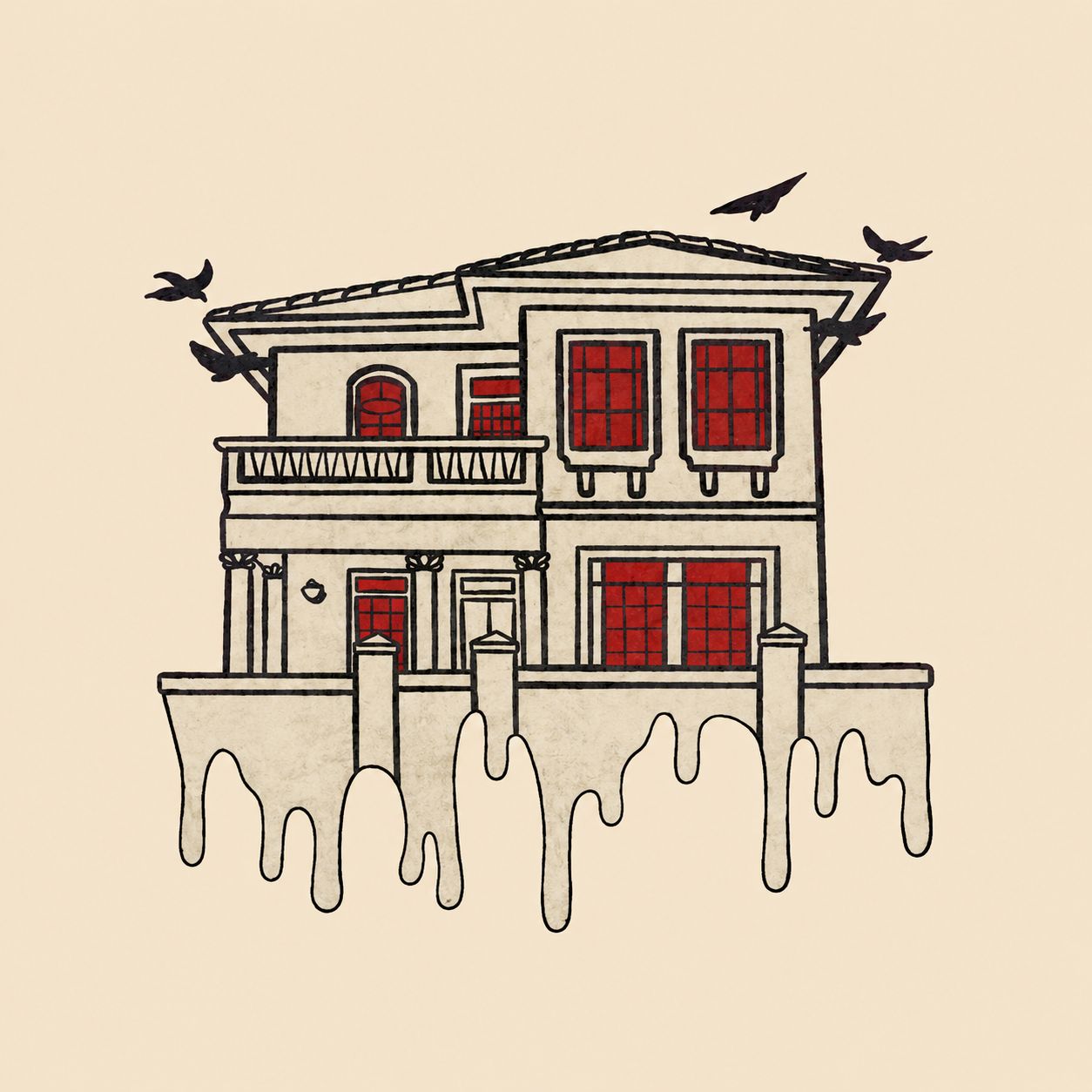 Casa ilustrada com janelas vermelhas e efeito de derretimento, em uma adaptação da capa de A Mulher da Casa Abandonada